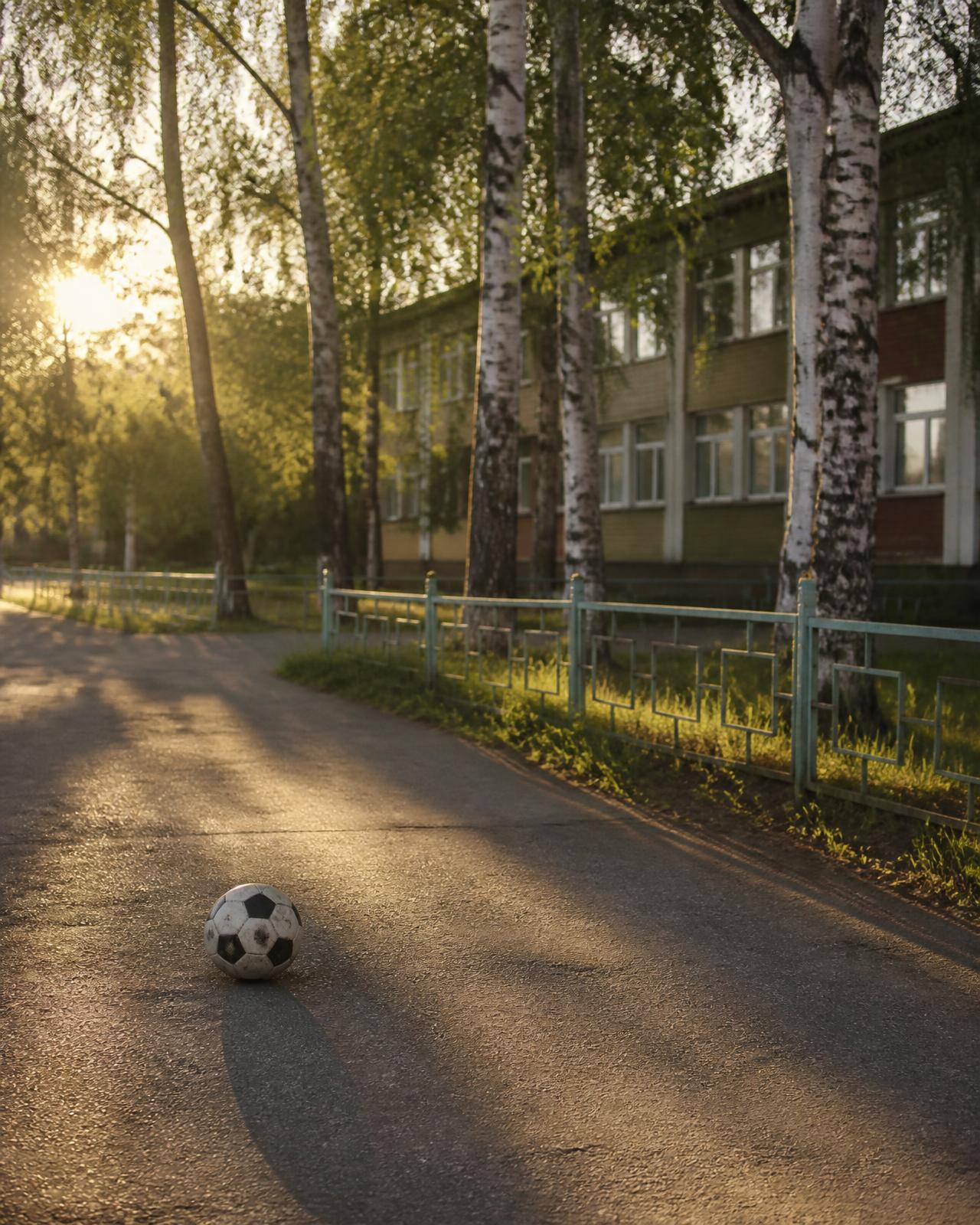 Skolgård i kvällsljus med en fotboll på asfalten